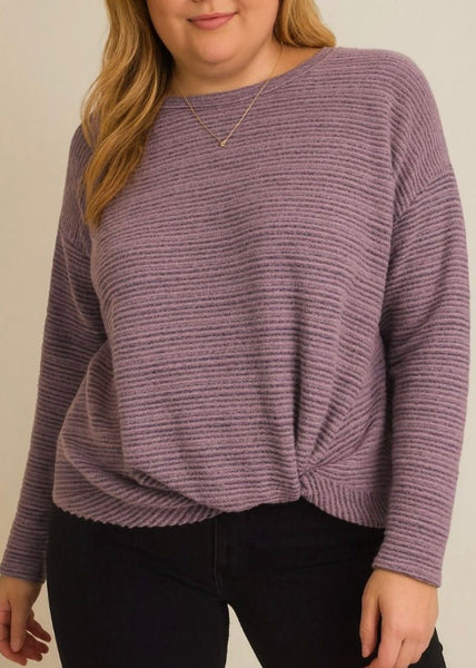 Extended Lavender Long Sleeve Bottom Twist Stripe Rib Top – Modish