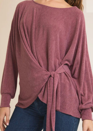 Round Neck Long Sleeve Waist Tie Top