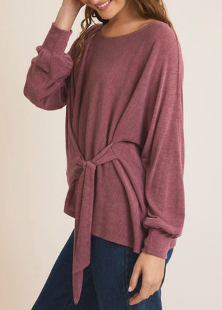 Round Neck Long Sleeve Waist Tie Top