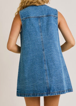 Sleeveless Round Neck Button Down Denim Dress