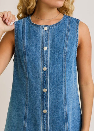 Sleeveless Round Neck Button Down Denim Dress