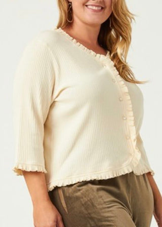 Extended Cream Ruffled Placket Ribbed Knit Cardigan