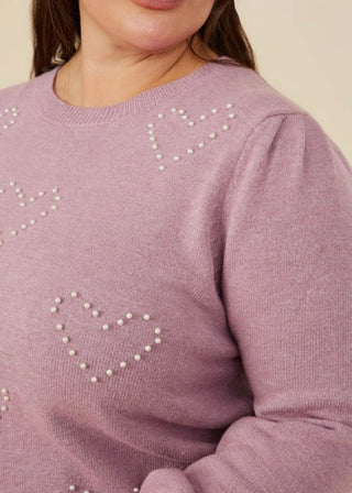 Extended Lavender Pearl Hearts Pullover Sweater
