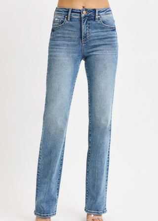 Risen Med Wash Tummy Control High Rise Straight Jeans