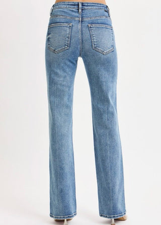 Risen Med Wash Tummy Control High Rise Straight Jeans