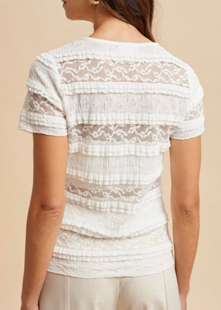 Stretch Frill Lace Short Sleeve Knit Top | Cream