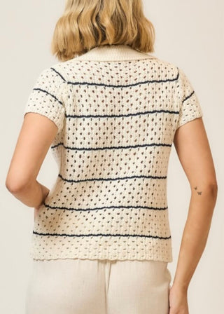 Striped Open-Knit Collared Top