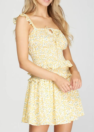 Woven Print Smocked Mini Skirt with Shorts Lining