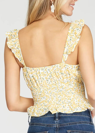 Ruffled Sleeve Woven Print Smocked Top
