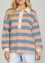 Load image into Gallery viewer, Long Sleeve Oversized Rugy Striped Collared Top
