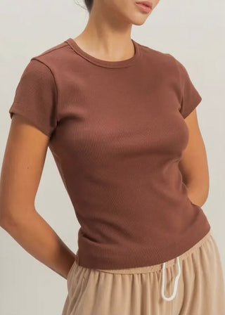Basic Chocolate Ribbed Short Sleeve Top