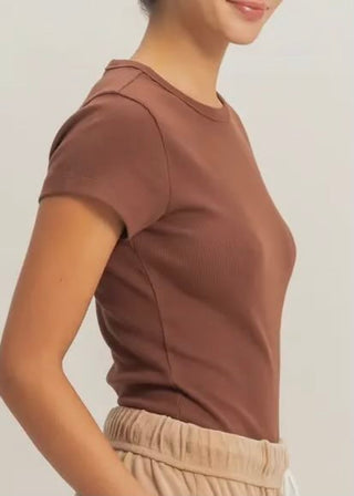 Basic Chocolate Ribbed Short Sleeve Top