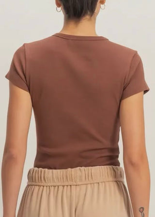 Basic Chocolate Ribbed Short Sleeve Top