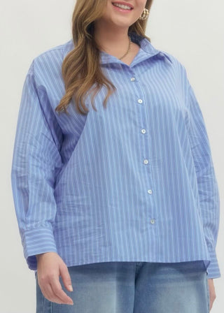 Blue Extended Size Classic Stripe Button-Down Shirt