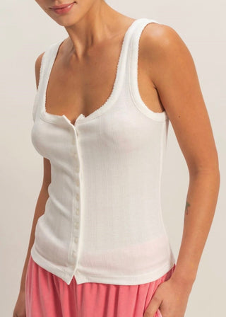 White Pointelle Button Front Tank