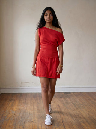 Red Pointelle Asymmetrical One Shoulder Knit Dress
