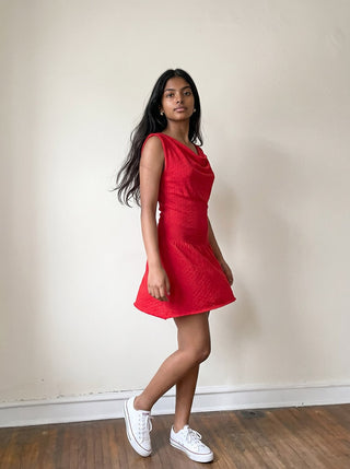 Red Pointelle Asymmetrical One Shoulder Knit Dress