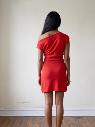 Red Pointelle Asymmetrical One Shoulder Knit Dress