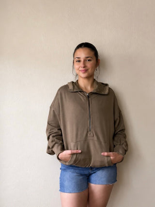 Weekend Getaway Terry Half Zip Hoodie | Olive