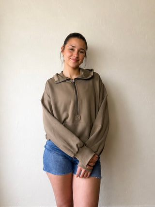 Weekend Getaway Terry Half Zip Hoodie | Olive