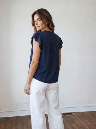 Ruffled Henley Blouse | Navy Blue