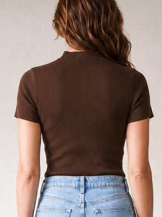 Soft knit mock neck sweater top by SKIES ARE BLUE in dark chocolate color, featuring a cozy fit and ribbed collar.