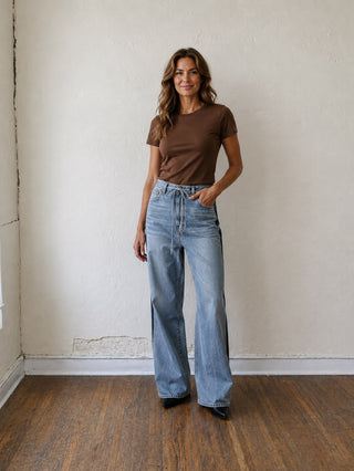 Drawstring Wide Leg Denim Pants with Contrast Side Stripe