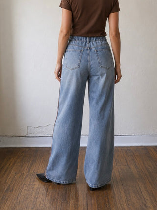 Drawstring Wide Leg Denim Pants with Contrast Side Stripe