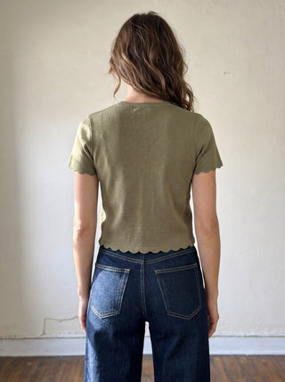 Charlotte Scallop Button Sweater Tee | Olive