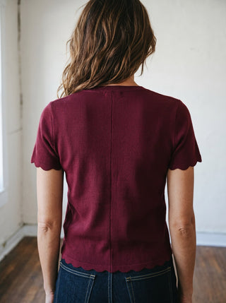 Charlotte Scallop Button Sweater Tee | Burgundy