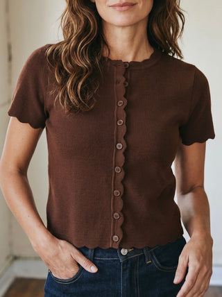 Charlotte Scallop Button Sweater Tee | Brown