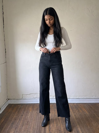 Just Black Denim women's slim palazzo jeans with scissor cut details in black, featuring a stylish, modern design.