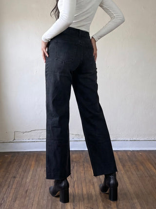 Just Black Denim women’s slim palazzo jeans with scissor cut details, in black denim fabric, featuring a sleek and modern design.