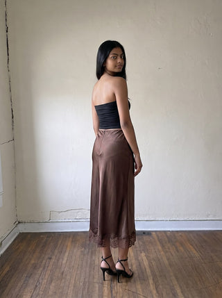 After Dark Satin Midi Skirt | Brown