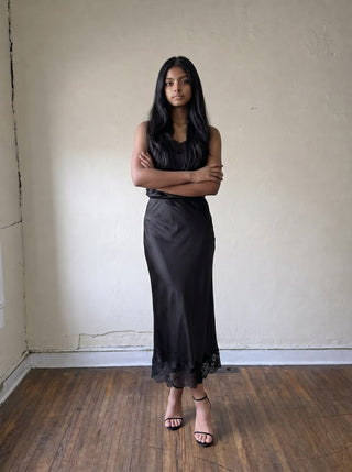 After Dark Satin Midi Skirt | Black