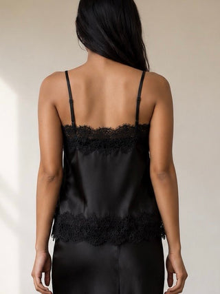 BLU PEPPER After Dark Satin Lace Cami featuring smooth satin fabric and delicate lace detailing, seen on a model.