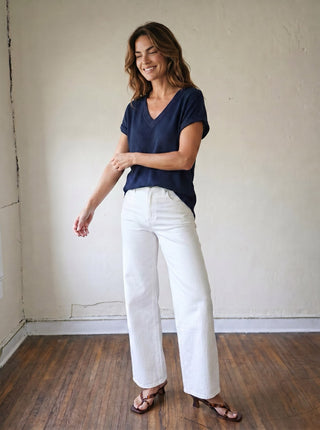 Weekend Waffle V Neck Knit Top | Navy