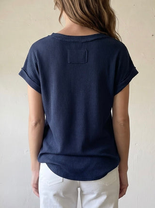 Weekend Waffle V Neck Knit Top | Navy