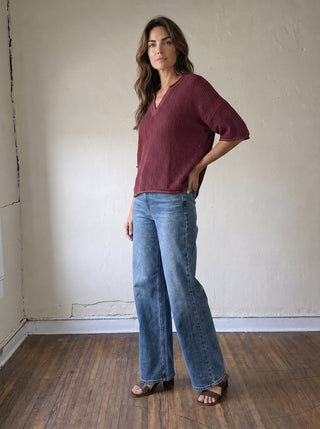 Textured Waffle Split Neck Top