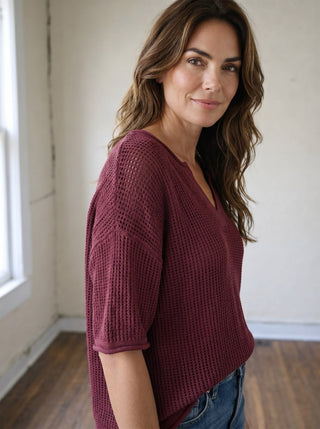 Textured Waffle Split Neck Top