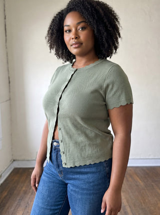Extended Size Charlotte Scallop Button Sweater Tee | Olive