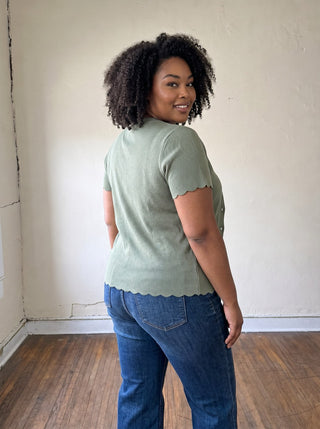 Extended Size Charlotte Scallop Button Sweater Tee | Olive