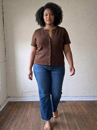 Extended Size Charlotte Scallop Button Sweater Tee | Brown