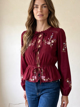 Bordeaux Bloom Embroidered Tie Front Blouse