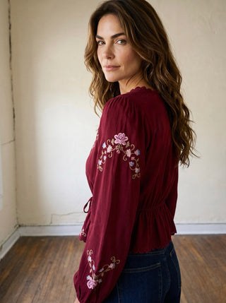 Bordeaux Bloom Embroidered Tie Front Blouse