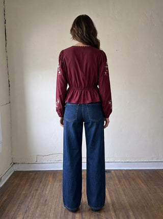 Bordeaux Bloom Embroidered Tie Front Blouse