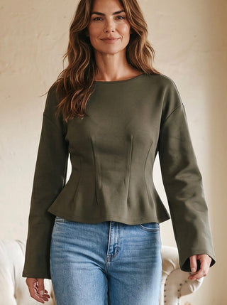 Sculpted Peplum Knit Top | Olive
