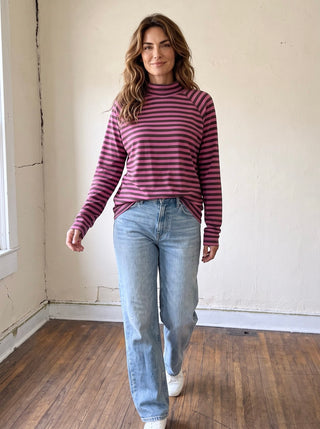 Weekend Stripe Mock Neck Top | Brown