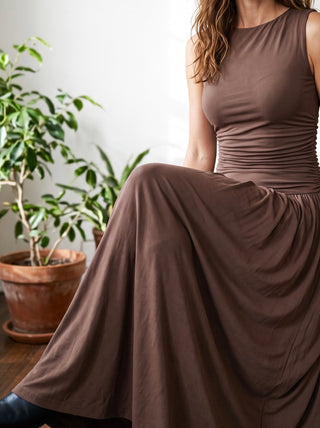 Brown Midnight Flow Ruched Maxi Dress