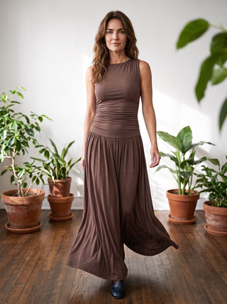 Brown Midnight Flow Ruched Maxi Dress
